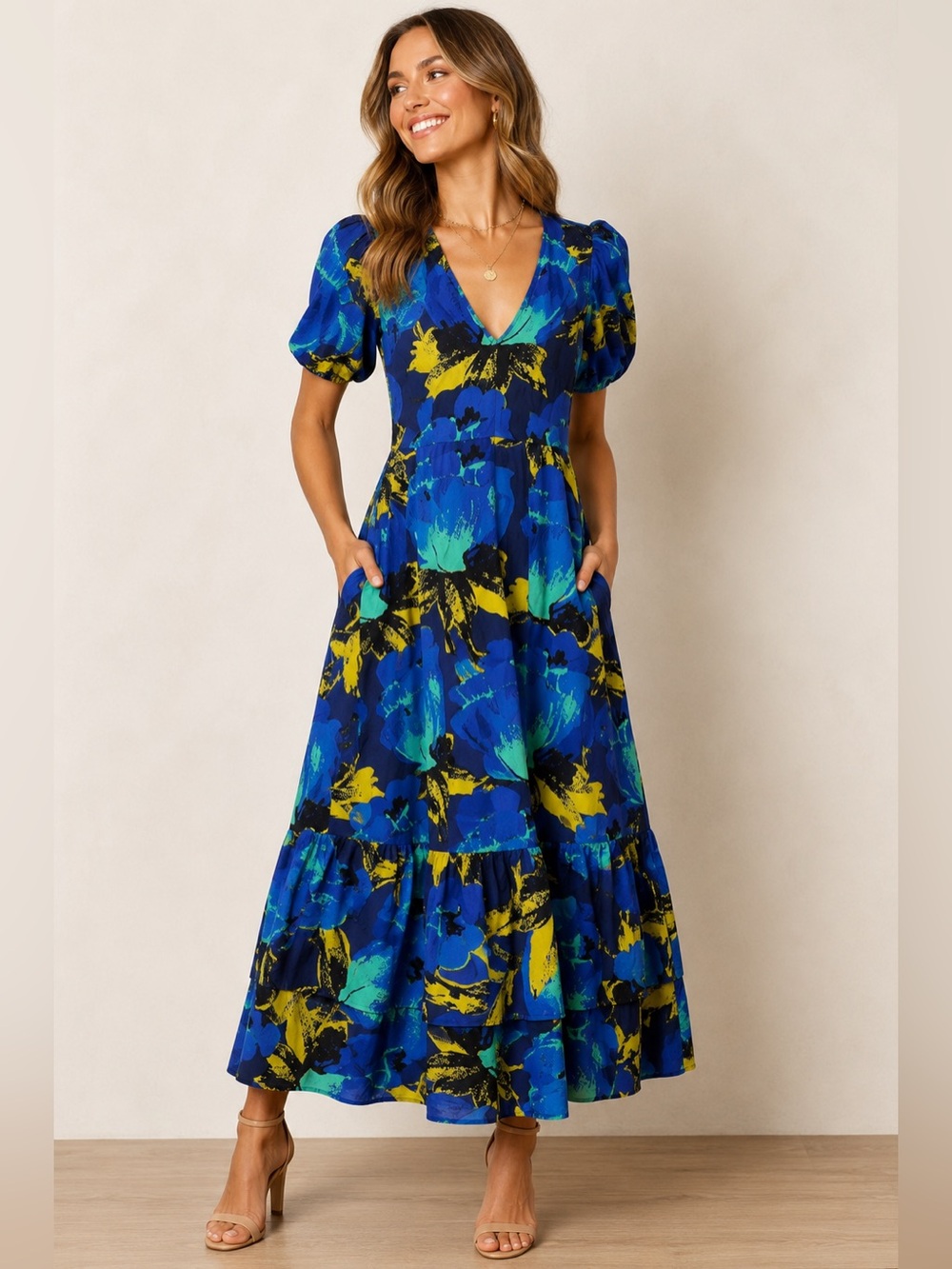 Christopher John Rogers for Target Blue Floral Cotton Maxi Dress Pockets Size S